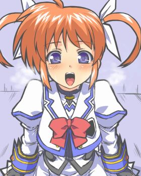  1girl blue_eyes blush female looking_at_viewer lyrical_nanoha orange_hair solo to-gnaniwa 