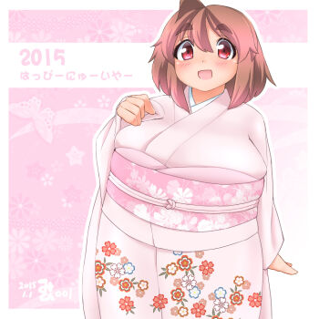  1girl 2015 :d ahoge blush breasts brown_hair eno_konoe eyebrows fat happy_new_year huge_breasts japanese_clothes kimono mikomu new_year obese obi open_mouth original red_eyes sash short_hair smile solo thick_eyebrows translation_request 