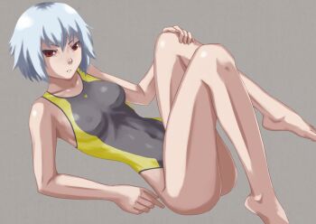  1girl ben-tou competition_swimsuit one-piece_swimsuit red_eyes silver_hair simple_background solo swimsuit tomoshiki yarizui_sen 