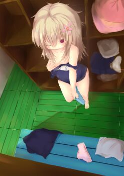  1girl absurdres bag barefoot blush breast_grab brown_hair changing_room collarbone crotch_rub day! drooling flat_chest flower foreshortening from_above grabbing hair_flower hair_ornament highres loli long_hair masturbation nipples off_shoulder one_eye_closed open_mouth original panties panties_removed pink_panties pussy_juice red_eyes school_swimsuit self_fondle shelf solo standing_on_one_leg swimsuit swimsuit_removed tears towel underwear 
