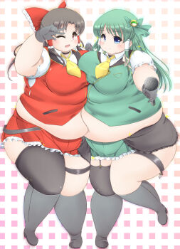  2girls :d adapted_costume ascot asymmetrical_docking asymmetrical_legwear big_belly black_boots black_gloves blue_eyes blush boots breast_press breasts brown_hair collared_shirt fat frilled_skirt frills garter_straps gloves green_hair hair_tubes hakurei_reimu highres kochiya_sanae kurokaze_no_sora large_breasts long_hair looking_at_viewer microphone miniskirt multiple_girls obese one_eye_closed one_leg_raised open_mouth red_eyes shirt single_thighhigh skirt smile sparkle standing_on_one_leg thigh_strap thighhighs touhou undersized_clothes vest w 