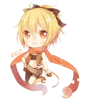  1girl bandeau blonde_hair bow braid brown_gloves character_name chibi fang felt_(re:zero) gloves hair_bow hand_on_hip highres looking_at_viewer maple_(57675110) open_mouth re:zero_kara_hajimeru_isekai_seikatsu red_eyes red_scarf scarf short_hair single_pant-leg solo 