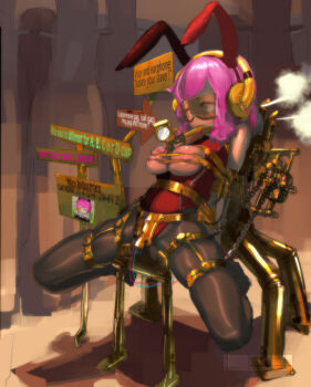 1=2 animal_ears bdsm bondage bunny_ears cable clock gag google headphones immobilization sensory_deprivation sex_machine sign slave stocking