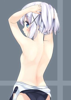  1girl adjusting_hair arms_behind_head arms_up blue_eyes blush breasts eyebrows eyebrows_visible_through_hair from_behind gochuumon_wa_usagi_desu_ka? highres kafuu_chino karutamo long_hair looking_at_viewer looking_back school_swimsuit sideboob silver_hair simple_background solo swimsuit swimsuit_pull topless upper_body x_hair_ornament 