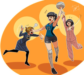  3girls bangs barefoot black_hair blonde_hair blunt_bangs fauzy_zulvikar_firmansyah hair_between_eyes hand_on_another's_face hand_on_hip jumping katya_lischina knee_pads long_hair military military_uniform multiple_girls natalia_poklonskaya pajamas ponytail purple_eyes real_life sabina_altynbekova short_hair signature sportswear strawberry_print uniform volleyball volleyball_uniform 