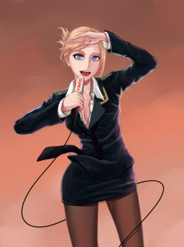 1girl blonde_hair blue_eyes breasts cleavage female gradient gradient_background haiashi microphone natalia_poklonskaya open_mouth pantyhose real_life smile solo