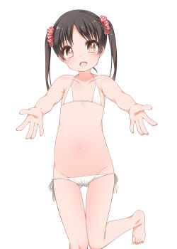  1girl barefoot bikini black_hair blush brown_eyes flat_chest highres long_hair looking_at_viewer micro_bikini navel open_mouth original outstretched_arms scrunchie shouji_ayumu side-tie_bikini smile solo swimsuit twintails 