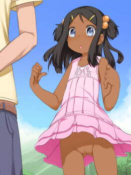  1boy 1girl :o black_hair blue_eyes bottomless cleft_of_venus cloud dark_skin dress dress_lift hair_bobbles hair_ornament hairclip highres loli no_panties open_mouth original pussy shouji_ayumu sky surprised tan uncensored wind_lift 