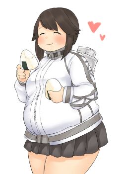 1girl ^_^ blush bou_(starless2323) brown_hair eating eyes_closed fat food happy hayasui_(kantai_collection) heart highres jacket kantai_collection miniskirt obese onigiri simple_background skirt solo