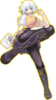  1girl ben-tou black_legwear boots breasts chopsticks cross-laced_footwear knee_boots obentou pantyhose school_uniform silver_hair skirt solo sweater_vest torn_clothes torn_pantyhose yarizui_sen 