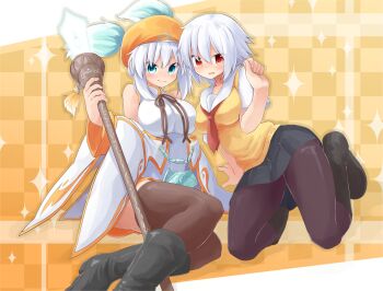 2girls bare_shoulders ben-tou blue_eyes blush boots breasts detached_sleeves hat lucia_(luminous_arc) luminous_arc multiple_girls open_mouth pantyhose red_eyes school_uniform short_hair skirt thighhighs white_hair yarizui_sen