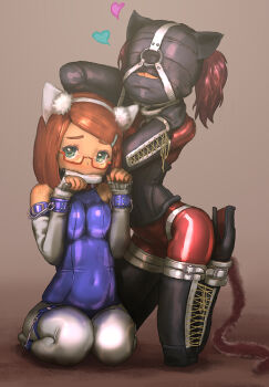  1=2 2girls animal_ears armbinder bdsm bit_gag blindfold blue_eyes bodysuit bondage bound_arms bound_legs breasts brown_hair cat_ears cat_tail collar corset cuffs gag gagged glasses gradient_background hair_ornament hairclip harness head_harness human_dog latex latex_suit legbinder looking_at_viewer multiple_girls muzzle_gag paw_pose pet_play school_swimsuit swimsuit tail yuri 