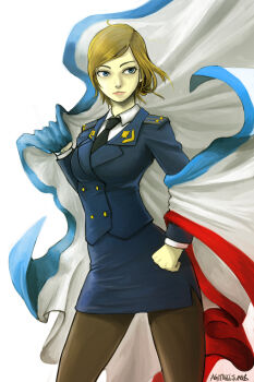  1girl absurdres blonde_hair crimean_flag highres military military_uniform natalia_poklonskaya necktie pantyhose real_life solo uniform 