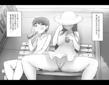  1boy 1girl abubu brother_and_sister bus_stop cameltoe dress glasses hat hat_tip long_hair monochrome original panties siblings spread_legs sundress takarasagashi_no_natsuyasumi translation_request underwear 
