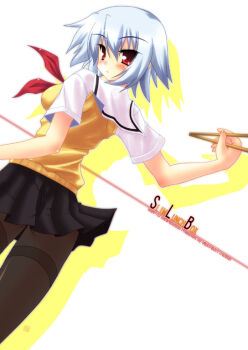  1girl ben-tou blue_hair chopsticks from_behind pantyhose red_eyes saano_chia school_uniform short_hair thighband_pantyhose yarizui_sen 