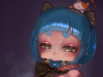1=2 1girl animal_ears ball_gag bdsm blue_eyes blue_hair cat_ears earrings eyebrows gag gagged hikimayu jewelry loli original short_hair sweat
