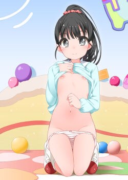 1girl black_eyes black_hair blush bow bow_panties flat_chest fukuyama_mai highres idolmaster idolmaster_cinderella_girls kneehighs kneeling loli long_hair looking_at_viewer navel nipples no_pants panties panty_pull ponytail scrunchie shirt_lift shoes shouji_ayumu skirt skirt_lift smile solo underwear uwabaki white_panties