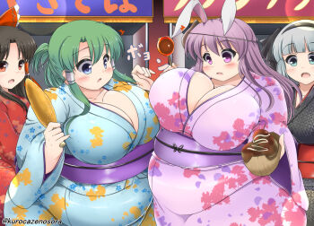  4girls :o animal_ears asymmetrical_docking blue_eyes blush breast_press breasts brown_hair bunny_ears candy_apple d: fat festival food green_eyes green_hair hair_ribbon hair_tubes hairband hakurei_reimu huge_breasts japanese_clothes kimono kochiya_sanae konpaku_youmu kurokaze_no_sora long_hair multiple_girls obese open_mouth purple_eyes purple_hair red_eyes reisen_udongein_inaba ribbon short_hair silver_hair touhou yukata 