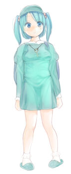  1girl backpack bag blue_eyes blue_hair blush dress dress_shirt hair_bobbles hair_ornament hat jewelry kawashiro_nitori key key_necklace long_sleeves necklace pigeon-toed pocket shirt short_hair simple_background skirt skirt_set slippers smile socks solo touhou two_side_up white_background white_legwear zyouga44 