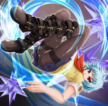  1girl :o back-seamed_legwear ben-tou blue_hair boots buckle cross-laced_footwear knee_boots midair open_mouth panties panties_under_pantyhose pantyhose pantyshot red_eyes school_uniform seamed_legwear short_hair skirt solo sweater_vest thighband_pantyhose underwear upskirt yamako777 yarizui_sen 