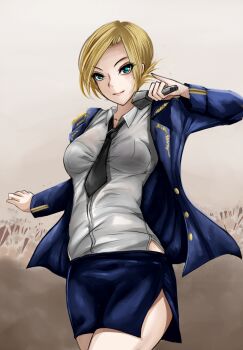  1girl blonde_hair blue_eyes bra microphone natalia_poklonskaya necktie no_legwear nonoririn pencil_skirt real_life short_hair skirt solo underwear uniform 