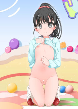  1girl black_eyes black_hair blush bottomless censored flat_chest fukuyama_mai highres idolmaster idolmaster_cinderella_girls kneehighs kneeling loli long_hair looking_at_viewer navel nipples no_panties ponytail pussy scrunchie shirt_lift shoes shouji_ayumu smile solo uwabaki 