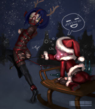  1=2 2girls amputee antlers bdsm bit_gag blue_hair body_harness bodysuit bondage christmas femdom gag gagged green_eyes harness hat head_harness looking_back mask multiple_girls one_eye_closed original pink_hair ponyplay reindeer_antlers riding_crop santa_costume santa_hat sleigh underboob whip_marks whipping yuri 
