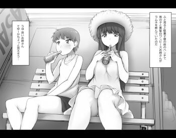 1boy 1girl abubu brother_and_sister bus_stop dress glasses hat long_hair monochrome panties siblings sundress takarasagashi_no_natsuyasumi translation_request underwear 