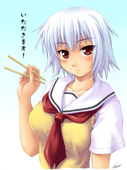  1girl artist_name ben-tou blush chopsticks collarbone gradient gradient_background holding kagehara_hanzou light_smile looking_at_viewer red_eyes school_uniform serafuku short_hair signature silver_hair solo sweater_vest translated upper_body yarizui_sen 