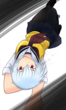  ben-tou blue_hair boots hand_behind_head jumping pantyhose red_eyes ro(4902778973783) school_uniform short_hair sketch sweater_vest upside-down yarizui_sen 