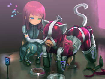  1=2 2girls all_fours animal_ears bdsm blindfold blue_eyes bodysuit bondage bound_arms bound_legs bowl breasts cat_ears cat_tail collar cuffs femdom gradient_background green_eyes heterochromia human_dog latex latex_suit multiple_girls nipple_clamps nipples pet_bowl pet_play pink_hair tail yuri 