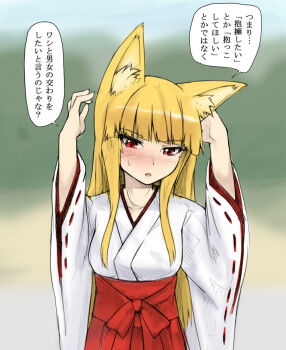  1girl abubu animal_ears blonde_hair blush fox_ears japanese_clothes long_hair miko original red_eyes solo translation_request 