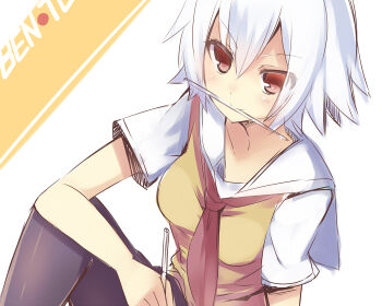  1girl ben-tou mishima_kurone pantyhose red_eyes school_uniform short_hair sitting white_hair yarizui_sen 