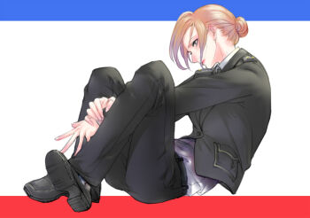  1girl blonde_hair blue_eyes hair_bun hebi_utage military military_uniform natalia_poklonskaya real_life short_hair simple_background sitting solo uniform 