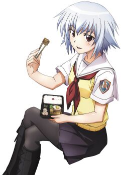  1girl ben-tou black_legwear blush boots chopsticks cross-laced_footwear eating extraction highres hirata_katsuzou obentou open_mouth pantyhose pleated_skirt red_eyes school_uniform short_hair silver_hair simple_background sitting skirt smile solo sweater_vest transparent_background yarizui_sen 