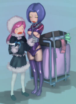  1=2 2girls amputee bdsm bondage breasts collar femdom harness long_hair multiple_girls pink_hair purple_hair short_hair slave underboob yuri 