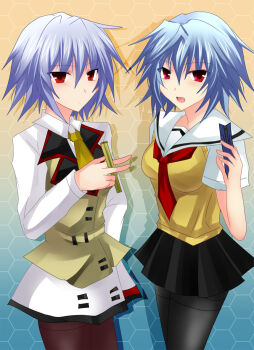  2girls ben-tou black_legwear blue_hair chopsticks cosplay costume_switch crossover infinite_stratos look-alike mahi multiple_girls open_mouth pantyhose red_eyes sarashiki_tatenashi school_uniform short_hair silver_hair smile sweater_vest thighband_pantyhose yarizui_sen 