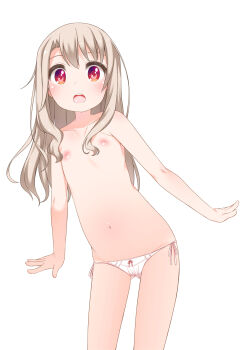 1girl blush bow bow_panties fate/stay_night fate_(series) flat_chest highres illyasviel_von_einzbern loli long_hair looking_at_viewer nipples open_mouth panties pink_panties red_eyes shouji_ayumu side-tie_panties solo topless underwear white_hair