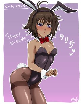  1girl akycoo animal_ears black_hair bow bowtie bunny_ears bunny_tail bunnysuit dark_skin detached_collar happy_birthday muvluv muvluv_alternative muvluv_total_eclipse pantyhose purple_eyes short_hair tail tarisa_manandal thighband_pantyhose wrist_cuffs 