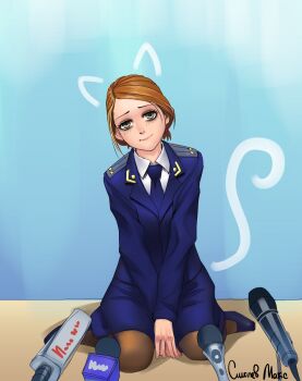  1girl brown_hair female grey_eyes microphone natalia_poklonskaya real_life russia smile smolev 