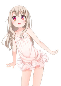 1girl babydoll blush bow bow_panties fate/stay_night fate_(series) flat_chest highres illyasviel_von_einzbern loli long_hair looking_at_viewer open_mouth panties pink_panties red_eyes see-through shouji_ayumu side-tie_panties solo underwear white_hair