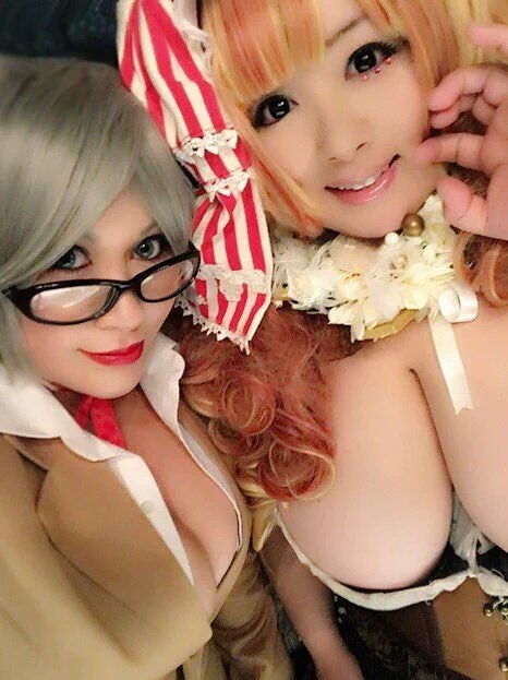 2girls Asian Breasts Brown Eyes Cleavage Cosplay Downblouse Fat Glasses Hoshima Mika Huge
