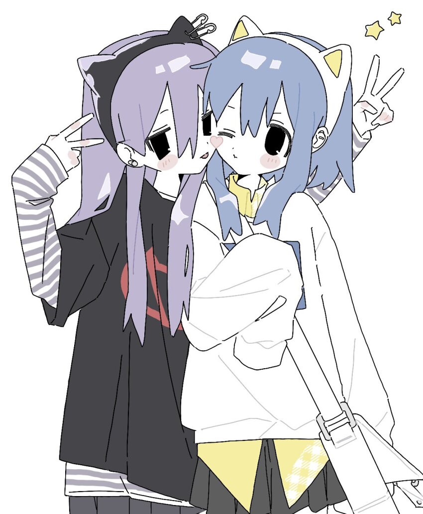 eguwi, original, highres, 2girls, animal ears, bag, barbell piercing