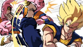  2boys absurdres afterimage battle blonde_hair blue_pants blue_shirt colored_skin commentary crossed_arms dougi dragon_ball dragonball_z earrings english_commentary gloves green_eyes highres jewelry kicking majin_buu male_focus mauro_unit_1 medium_hair meme motion_lines multiple_boys muscular muscular_male naoya_hitting_choso_without_looking_(meme) one_eye_closed orange_shirt pants pink_skin potara_earrings shirt speed_lines spiked_hair super_buu super_saiyan super_saiyan_1 vegetto white_gloves 