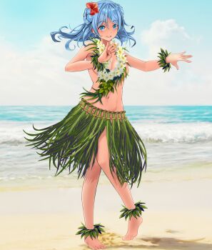 1girl absurdres alternate_costume barefoot beach blue_eyes blue_hair breasts cloud day double_bun eyebrows_hidden_by_hair feet floating_hair flower flower_necklace full_body gibun_(sozoshu) grass_skirt hair_between_eyes hair_bun hair_flower hair_intakes hair_ornament hands_up happy hibiscus highres hula jewelry kantai_collection knees_together_feet_apart lei long_hair looking_at_viewer medium_breasts navel neck necklace ocean open_mouth outdoors revealing_clothes round_teeth sand shadow sky smile solo standing teeth urakaze_(kancolle) water waves 
