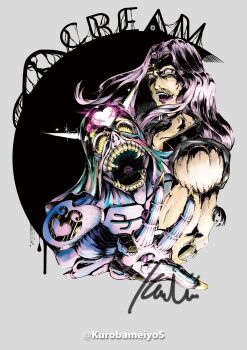  1boy absurdres blank_eyes character_name commentary_request compound_eyes cream_(stand) eye_in_mouth fangs fingernails gold_nails grey_background heart highres jojo_no_kimyou_na_bouken kurobameiyos long_fingernails long_hair muscular muscular_male purple_hair stand_(jojo) stardust_crusaders upper_body vampire vanilla_ice 
