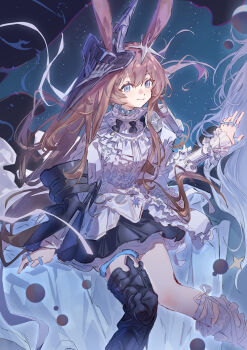 1girl absurdres amiya_(arknights) amiya_(guard)_(arknights) amiya_(guard)_(in_a_myriad_of_universes)_(arknights) animal_ears arknights armor black_thighhighs blue_eyes blue_sky brown_hair chinese_commentary commentary_request dress ear_ornament feet_out_of_frame highres jewelry long_hair long_sleeves looking_at_viewer multiple_rings official_alternate_costume rabbit_ears ring sao7 sidelocks single_thighhigh sitting sky smile star_(sky) starry_sky thighhighs very_long_hair white_dress 