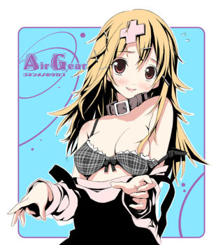 00s 1girl :d air_gear areola_slip black_bra blonde_hair blush bow bow_bra bra breasts cleavage collar copyright_name cross_hair_ornament embarrassed female_focus hair_ornament hairclip kantoku large_breasts lingerie long_hair nipple_slip nipples off_shoulder open_mouth plaid_bra plaid_clothes red_eyes smile solo sumeragi_kururu sweatdrop underwear undressing upper_body rating:Questionable score:27 user:danbooru