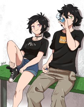  1boy 1girl absurdres andrew_graves ashley_graves black_collar black_hair black_shirt black_shoes blush bottle collar dashi_(dashiart) drinking green_eyes highres holding holding_bottle looking_at_another pink_eyes ponytail pornhub shirt shoes shorts siblings sitting smirk the_coffin_of_andy_and_leyley  rating:General score:34 user:danbooru