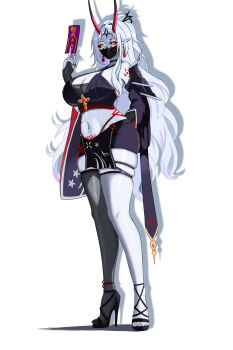  1girl absurdres arm_behind_back arm_tattoo black_sclera black_thighhighs breasts cleavage colored_sclera colored_skin commentary_request deadsmallbase earrings full_body grey_skin hair_intakes halterneck hand_up high_heels highres horns jewelry mask monster_girl mouth_mask navel open-toe_shoes original pointy_ears pubic_tattoo red_horns red_nails single_thighhigh standing talisman tattoo thighhighs white_background white_hair yellow_eyes 